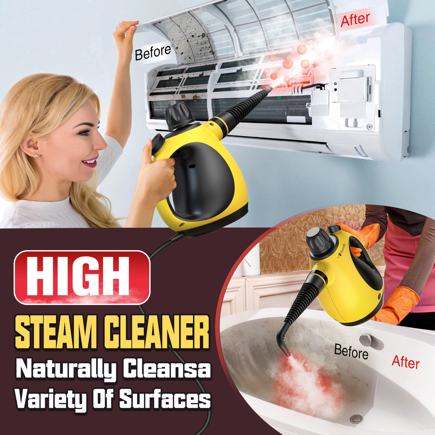 Pressurized Handheld Steam Cleaner for Home, Multi-Surface Steamer with 12 Accessories, 12.8oz Natural Steamer for Cleaning Car, Bathroom, Shower, Upholstery, Grout, Window, Grime, Grease